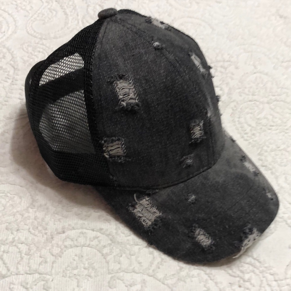 C.C Exclusives Ponytail Hat for Women Distressed Black Cap - Picture 3 of 8